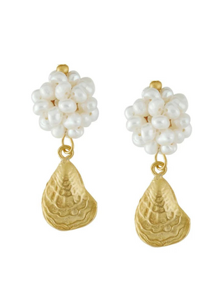 Susan Shaw | 24k Gold | Pearl Cluster Oyster Earrings