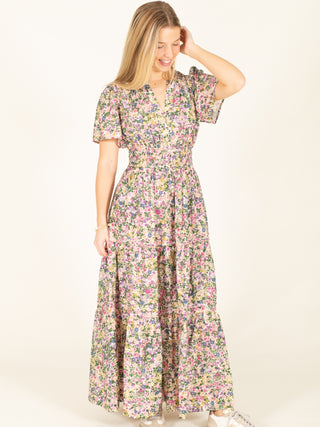 Pink & Green Floral Print V-Neck Maxi Dress