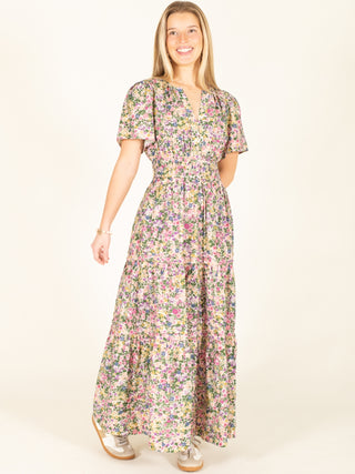 Pink & Green Floral Print V-Neck Maxi Dress