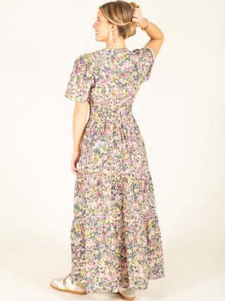 Pink & Green Floral Print V-Neck Maxi Dress
