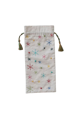 Drawstring Wine Bag with Tassels & Pom Pom Accent