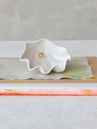 Stoneware Clamshell Dish with Gold Pearl Accent