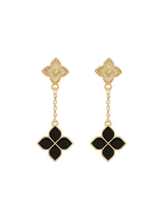 Double Clover Chain Drop Earrings Black/Gold