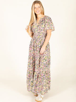 Pink & Green Floral Print V-Neck Maxi Dress