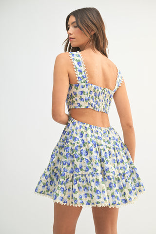 Floral Cut-Out Tiered Dress Blue