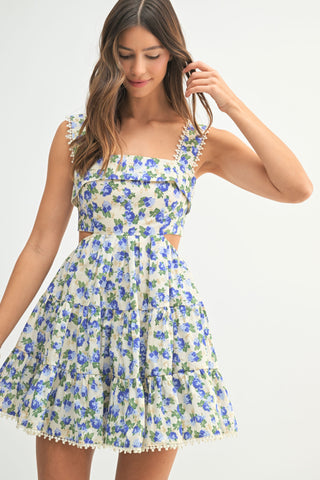 Floral Cut-Out Tiered Dress Blue