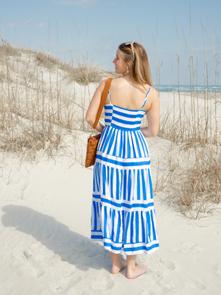 Striped Tiered Midi Dress Blue