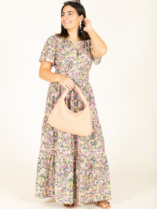Pink & Green Floral Print V-Neck Maxi Dress