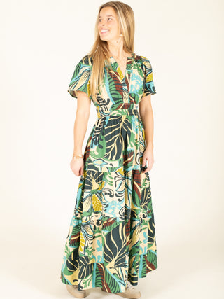Tropical Leaf Print V-Neck Maxi Dress