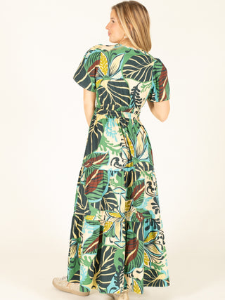 Tropical Leaf Print V-Neck Maxi Dress