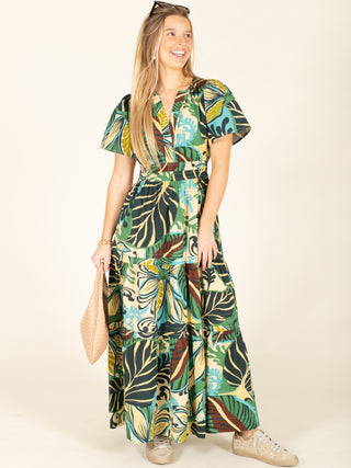 Tropical Leaf Print V-Neck Maxi Dress