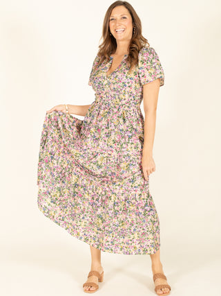 Pink & Green Floral Print V-Neck Maxi Dress