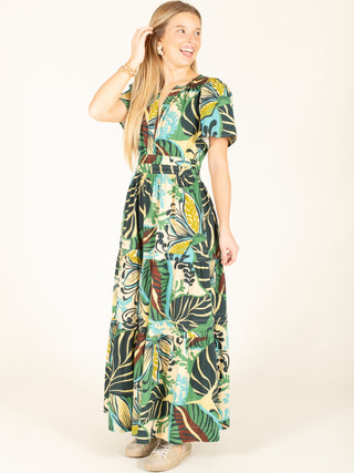 Tropical Leaf Print V-Neck Maxi Dress