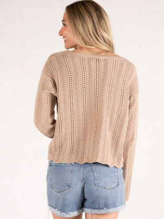 Open Knit V-Neck Sweater Sand