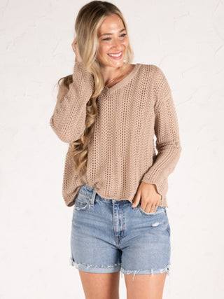 Open Knit V-Neck Sweater Sand