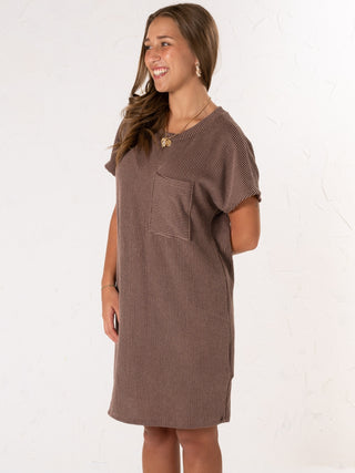 Ribbed Pocket Mini Dress Brown