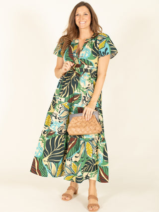 Tropical Leaf Print V-Neck Maxi Dress