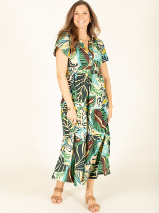 Tropical Leaf Print V-Neck Maxi Dress