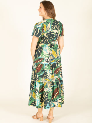 Tropical Leaf Print V-Neck Maxi Dress