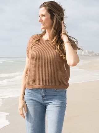 Open Knit Sweater Tee Brown
