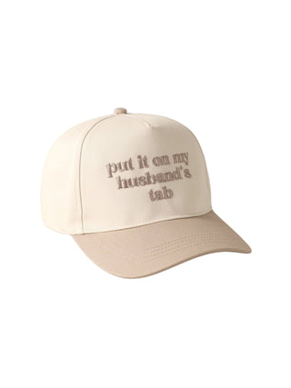 "Put It On My Husband's Tab" Embroidered Canvas Hat Beige