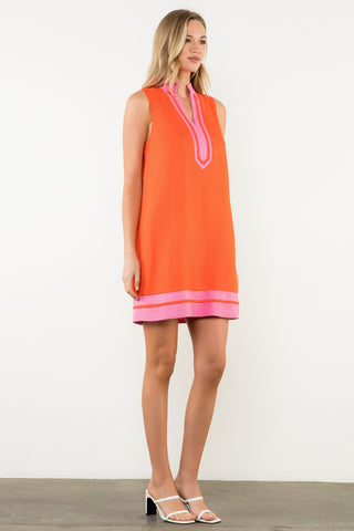 Contrast Trim Split Neck Dress