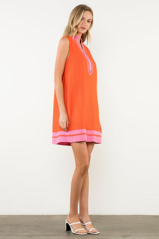 Contrast Trim Split Neck Dress