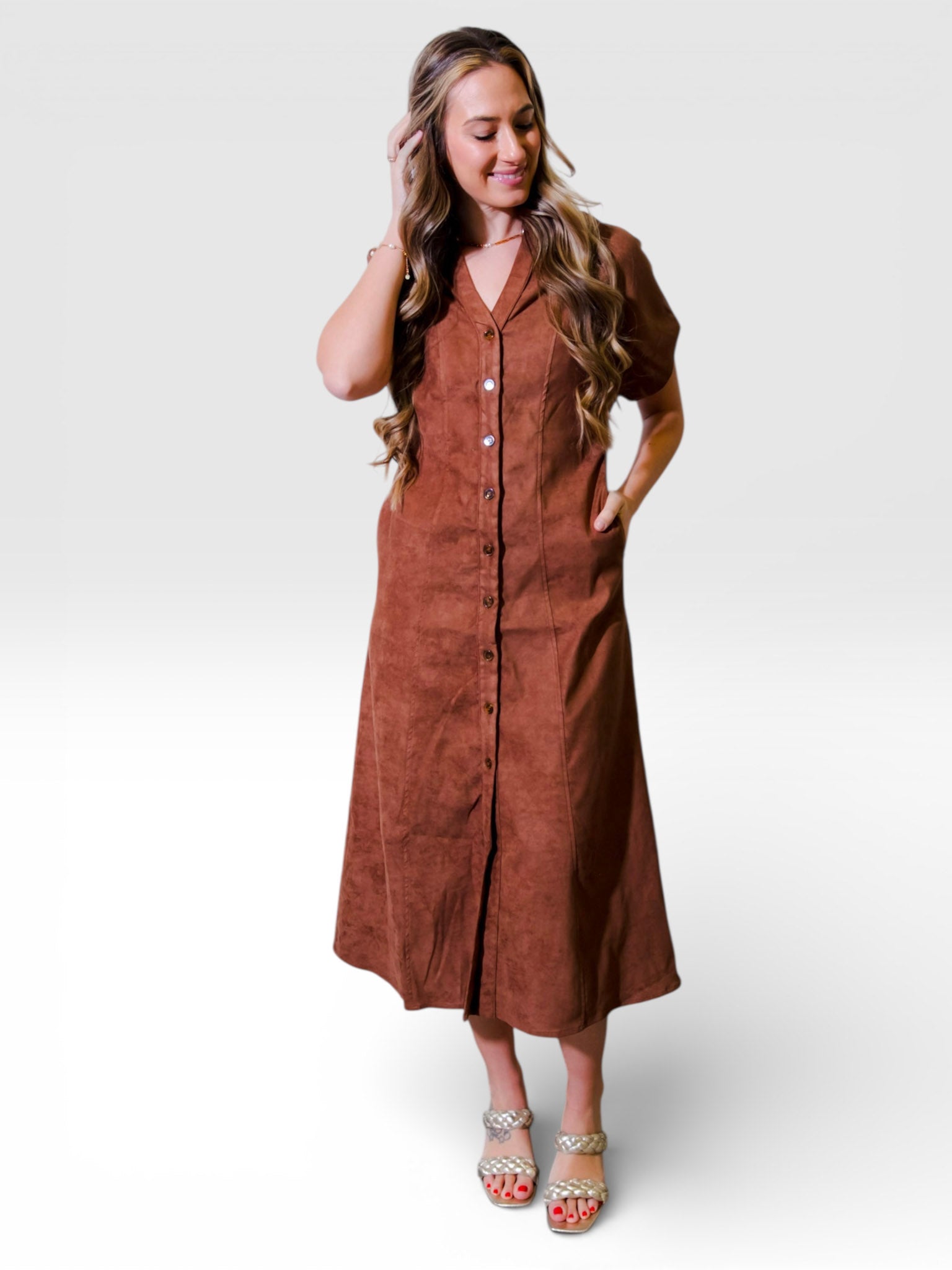 Short Sleeve Cinched Waist Button Down Faux Suede Midi Dress Small Short Sleeve Cinched Waist Button Down Faux Suede Midi Dress Small