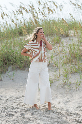 Contrast V-neck Striped Top
