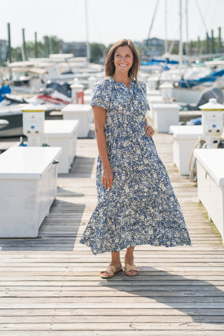 Blue & White Daisy Print Maxi Dress