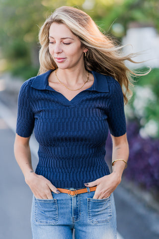 Ribbed V-Neck Polo Short Sleeve Top