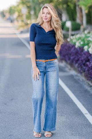 Ribbed V-Neck Polo Short Sleeve Top