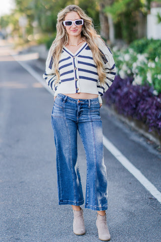 V-Neck Ribbed Button Down Stripe Cardigan