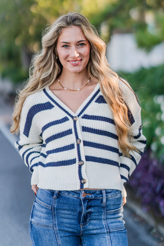 V-Neck Ribbed Button Down Stripe Cardigan