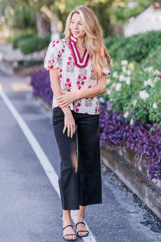 Floral Print Bubble Sleeve Top with Multicolor Accent V-neck Band Collar
