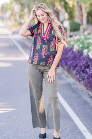 Floral Print Bubble Sleeve Top with Multicolor Accent V-neck Band Collar