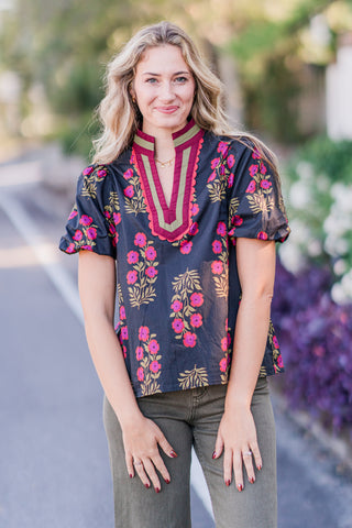 Floral Print Bubble Sleeve Top with Multicolor Accent V-neck Band Collar
