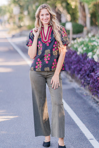 Floral Print Bubble Sleeve Top with Multicolor Accent V-neck Band Collar
