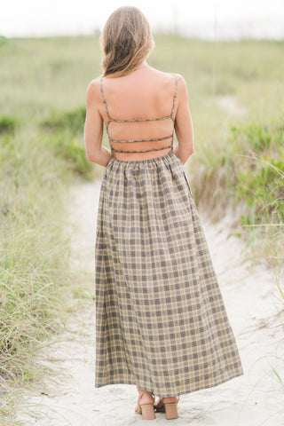 Plaid Open Back Maxi Dress with Adjustable Spaghetti Straps