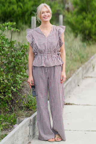 V-Neck Ruffle Gingham Top