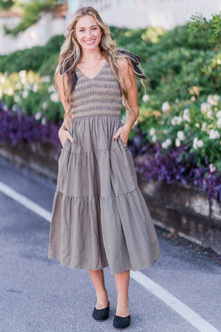 V-Neck Gingham Midi Smocked Dress