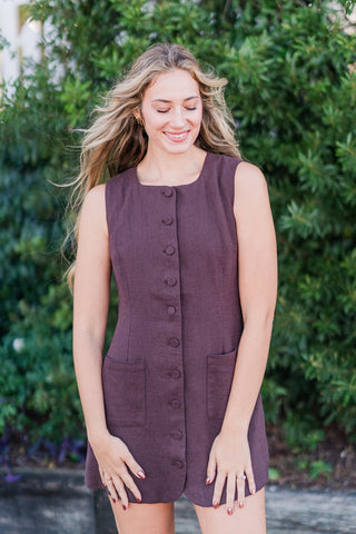 Sleeveless Square Neck Button Down Dress with Front Pockets