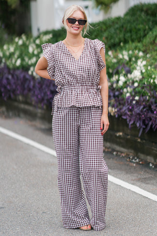 V-Neck Ruffle Gingham Top