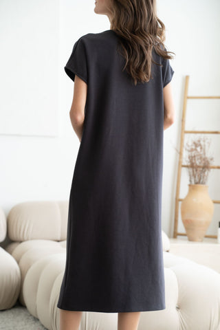 V-Neck Drop Shoulder Draped Midi Dress