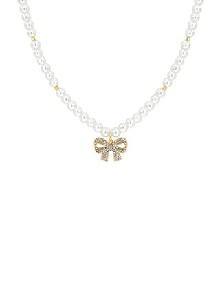 Pave Bow Pendant Pearl Necklace