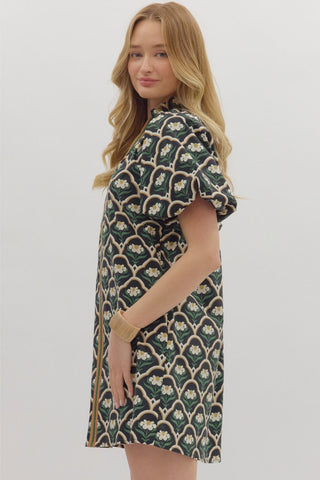 V-Neck Botanical Print Puff Sleeve Dress