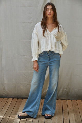 Eyelet Collar V-Neck Button Down Long Sleeve Blouse