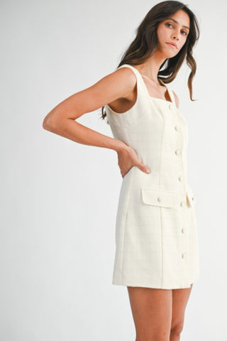 Sleeveless Square Neck Tweed Button Down Dress with Front Pockets