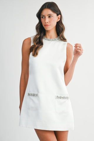 Jeweled Neckline Sleeveless Shift Dress