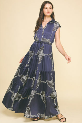 V-Neck Collared Cinch Waist Printed Tiered Maxi Dress